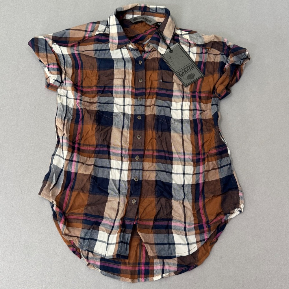 Harley-Davidson Button Down Shirt Womens‎ XS Brown Plaid Rayon HDMC Embroidered